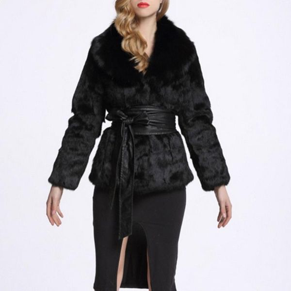 

women's fur & faux goth winter coat women black short artificial overcoat with belt slim warm oversize outwear female fashion