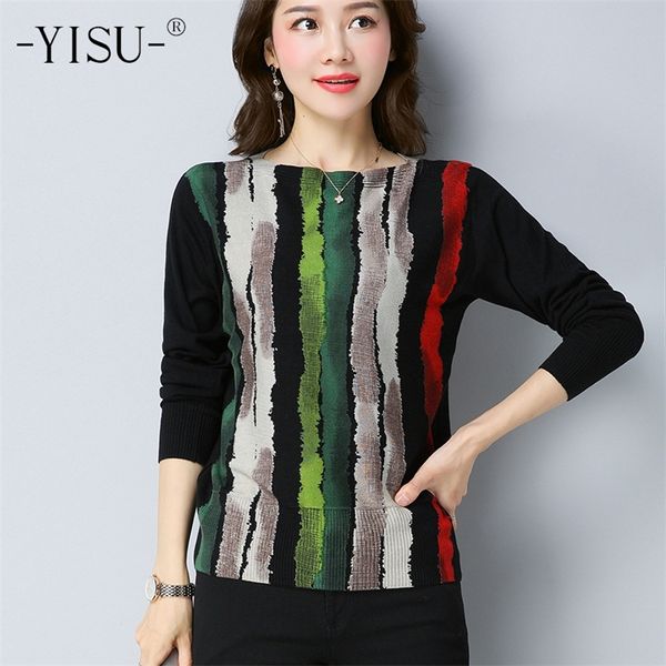 Yisu outono lã camisola listrada impressão knitwear tamanho grande s-5xl mulher pulôver mulher quente tops feminino jumper mulheres tricotadas blusas 201128