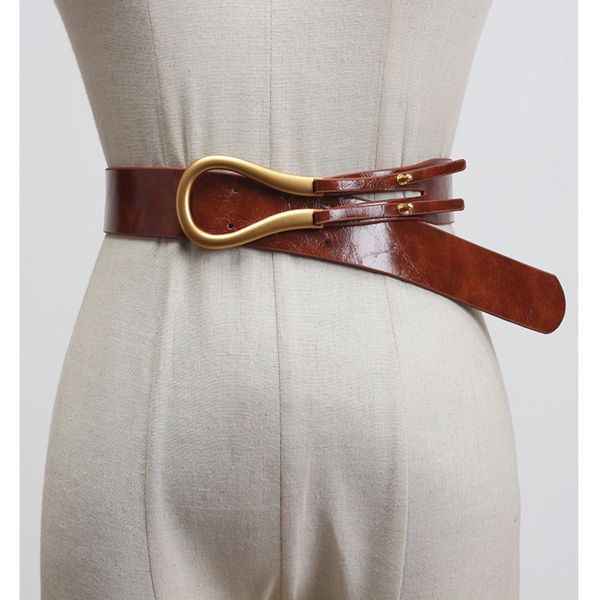 

ewq] 2020 spring summer new arrivals solid metal horseshoe buckle belt waist seal metal buckle double belt women trend aw79003 t200427, Black;brown