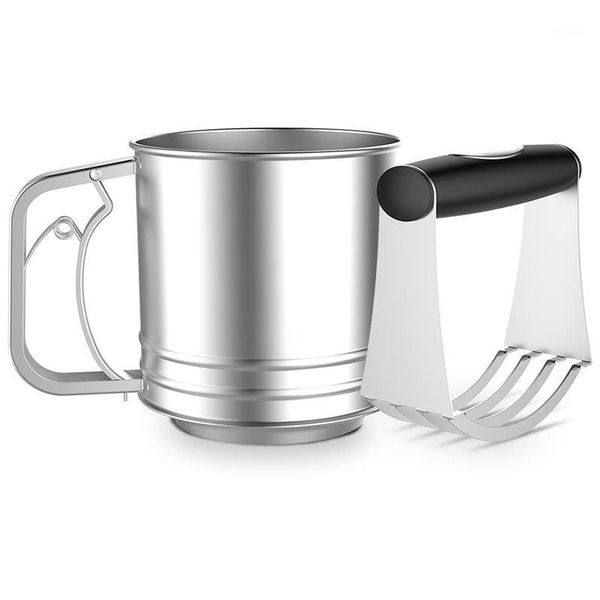 

sifter for baking stainless steel,4 wire agitator rotary hand crank professional pastry cutter-dough blender included1
