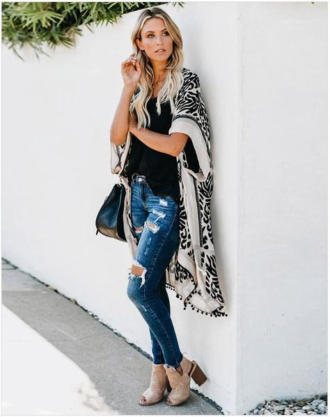

women's trench coats balinese beach resort cardigan short sleeve printed pompom ball kimono blouse medium length jacket woman1, Tan;black