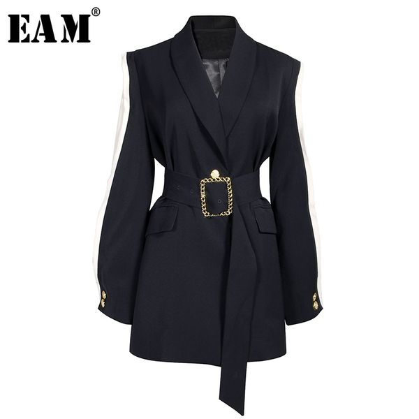 

eam] loose fit black spliced hit color belt jacket new lapel long sleeve women coat fashion tide spring autumn 2020 1a879 1015, Black;brown