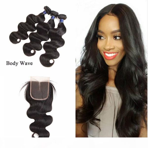

brazilian body wave hair bundles with 4x4 lace closure remy human hair weaves body wave lace closure and virgin hair bundles deals, Black