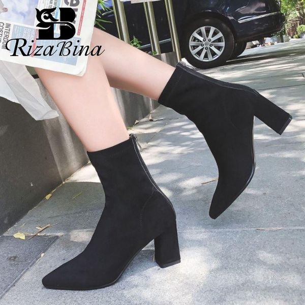 

rizabina woman high heel boots real leathe pointed toe stretch boots woman fashion winer shoes ankle size 34-42, Black