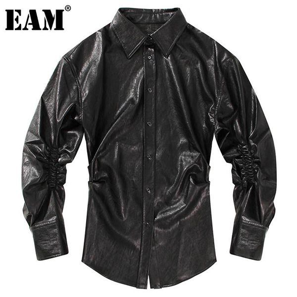 

eam] women pu leather wrinkled black blouse new lapel long sleeve loose fit shirt fashion tide spring autumn 2021 1dd3605, White