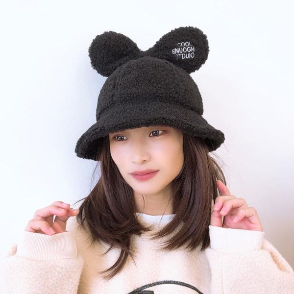 

wide brim hats kawaii 2021 winter women teddy velvet warm ear protector fisherman hat with ears caps lovely plush bucket, Blue;gray