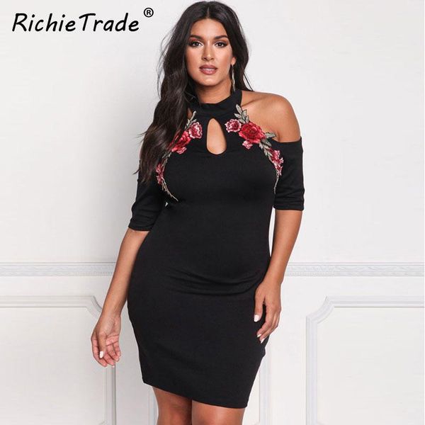 

richietrade floral embroidery off shoulder mini dress black stand collar summer dresses fashion 2021 new slim ladies dress, Black;gray