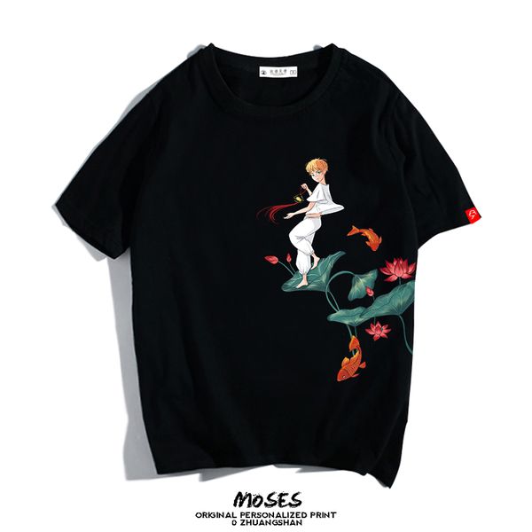 

2021 new men's summer anime cotton lotus flower character imprint t shirt released short chinese-style male sleeve wwyn, White;black