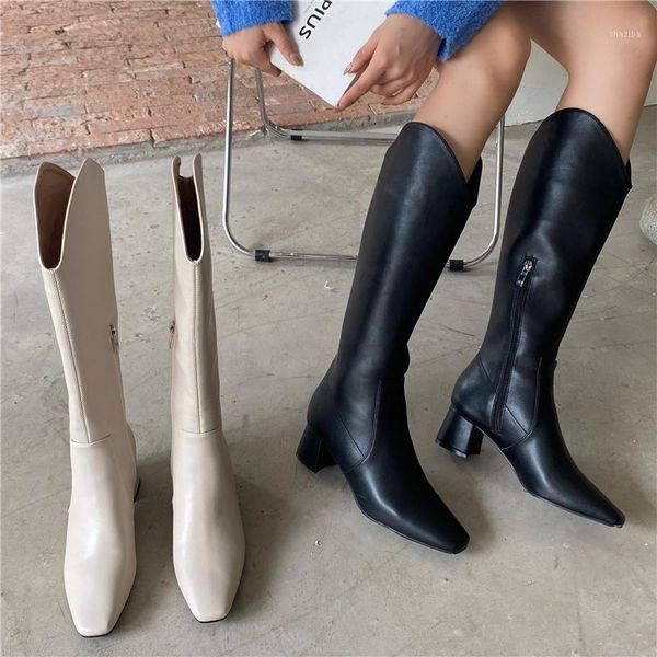 

boots 2021 ins fashion women low heels mid calf beige brown black high soft leather western cowboy wide shoes1