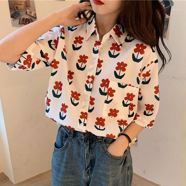 

floral print summer blouse women turn down collar short sleeve vintage beach boho shirts plus size pocket harajuku w7311, White