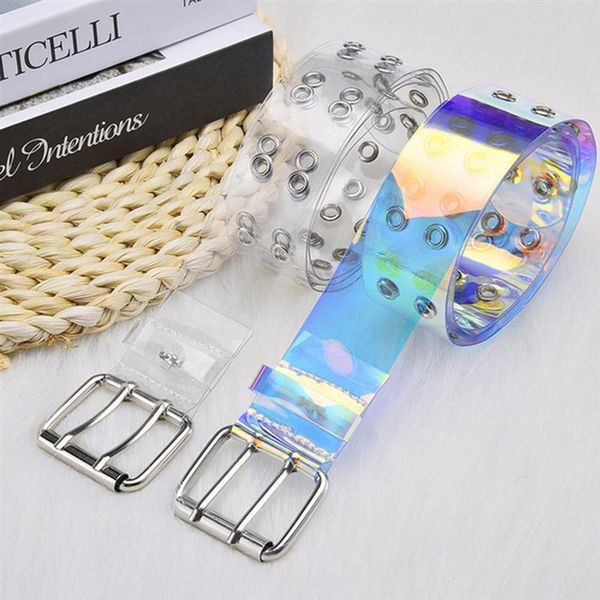 

women jeans belt fashion eyelets rivet decor waist belt dress trouser women transparent laser holographic, Black;brown