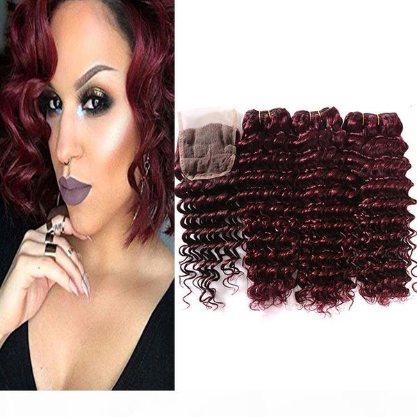 

brazilian hair bundles with closure 99j deep wave brazilian 3bundles with lace closure 99j red deep wave bundles with closure burgundy hair, Black;brown