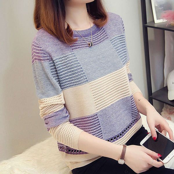 

pullover female spring autumn new korean color matching loose stripe long sleeve bottomed shirt knitwear hollow thin blouse, White