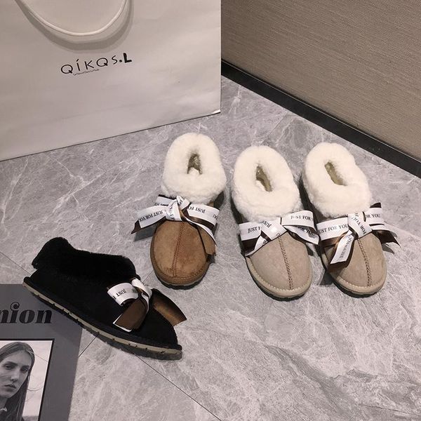 

women's shoes snow boots 2020 winter new bow flat bottom plus velvet warm non-slip cotton shoes, Black