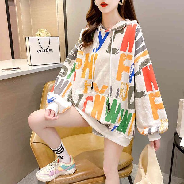 

hoodies korean loose lazy wind hooded graffiti sweater women's spring and autumn clothes style outer coat women can approve, Black