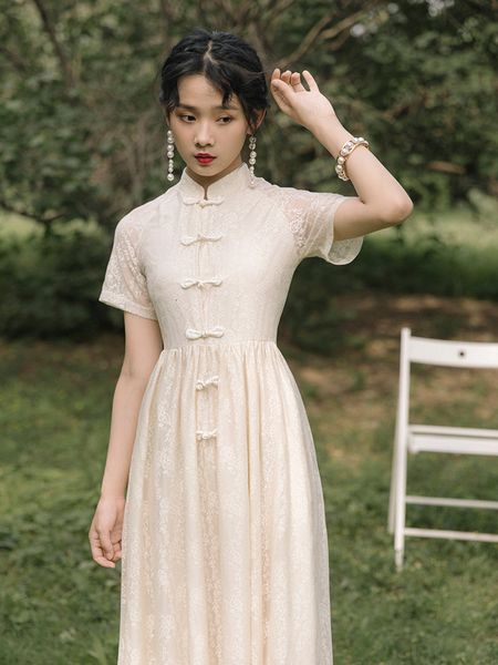 

mid-calf dresses chinese-style lace ladies'dresses elegant ladies' dress beige short sleeve cheongsam female 2021 summer udae, Black;gray