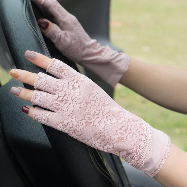 

новое лето женщин sexy кружева цветок солнцезащитный половина finger перчатки полые сетки дышащий нескользящие anti-uv женский тонкий привод, Blue;gray