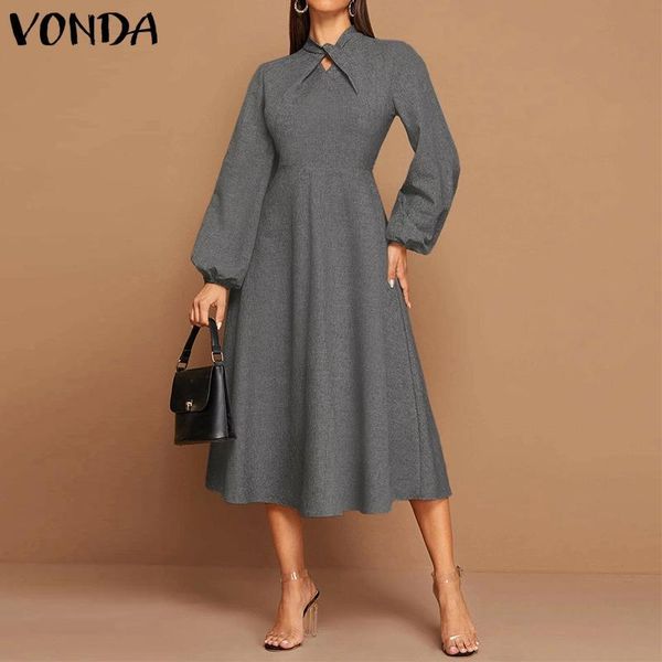 

vonda office ladies mid-calf dress women casual robe long lantern sleeve party dress summer sundress plus size vestidos s-5xl, Black;gray
