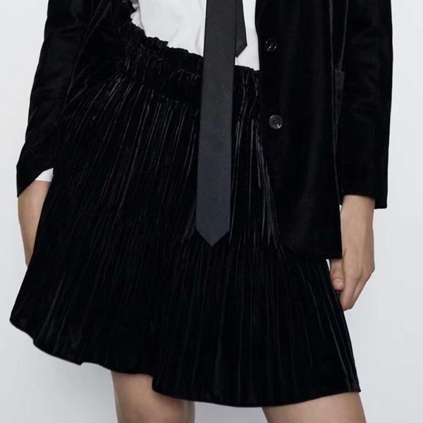 

deat] 2020 spring autumn new fashion tide high waist a-line solid color velvet folds black temperament women skirt 13u693