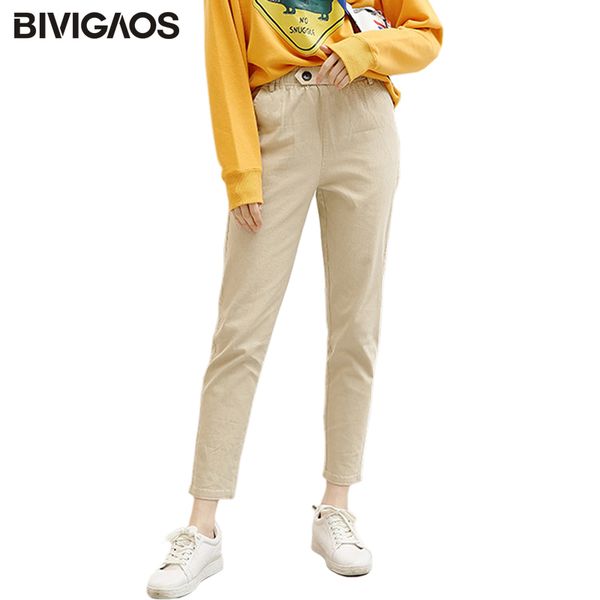 

bivigaos women casual harem spring autumn leisure high waist cargo pants loose overalls trousers khaki beige lj201130, Black;white