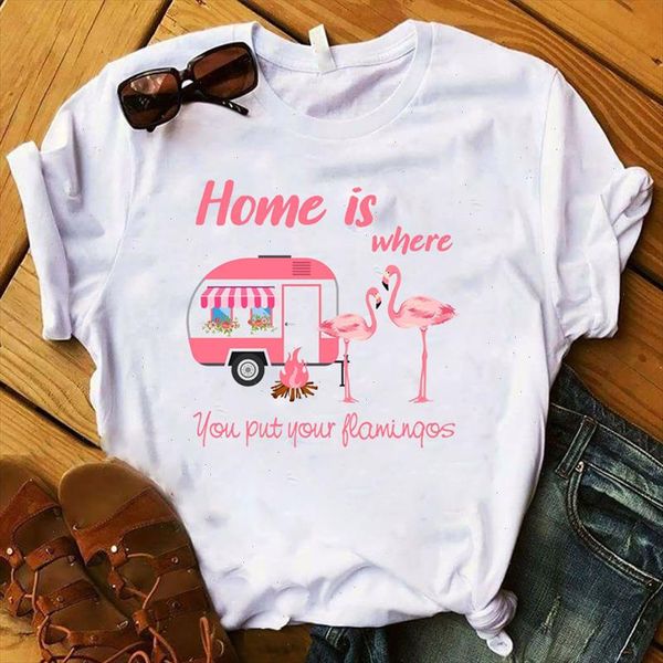 

2021 women shirt short sleeve printing graphic printed flamingo home tee kawaii womens tshirt female fashion t shirt, White