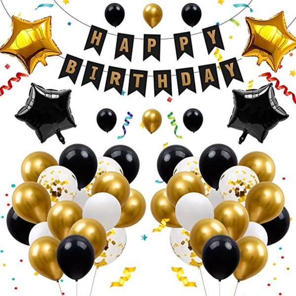 Set combinato di striscioni di compleanno con palloncini in alluminio con stelle in oro nero, decorazione per feste, set da 39 pezzi