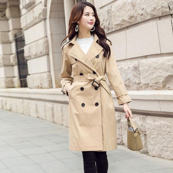 

2020 new women's coat double breasted long women belt cloak polerones mujer windbreaker female outerwear1, Tan;black