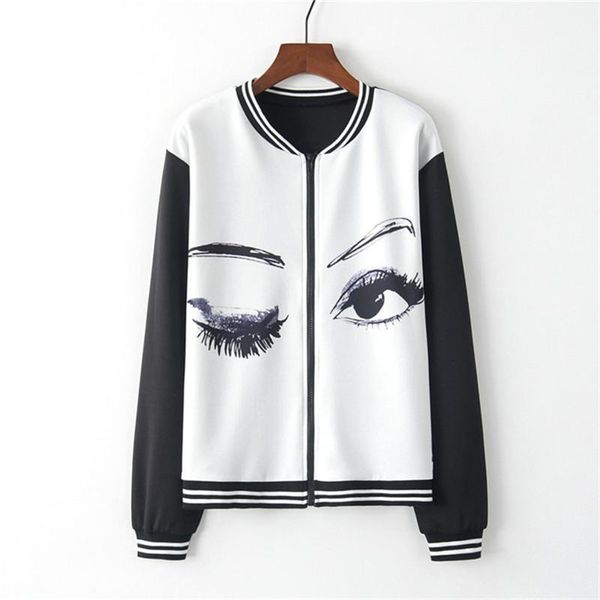 

women's jackets artguy women fashion long sleeve contrast striped eyelash and eye print baseball jacket girl zip-up sweatshirt, Black;brown