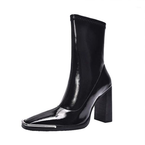 

women ankle boots skinny snow boots women shoes metal square toe thick heel patent leather shigh heel boot stretch handsome new1, Black