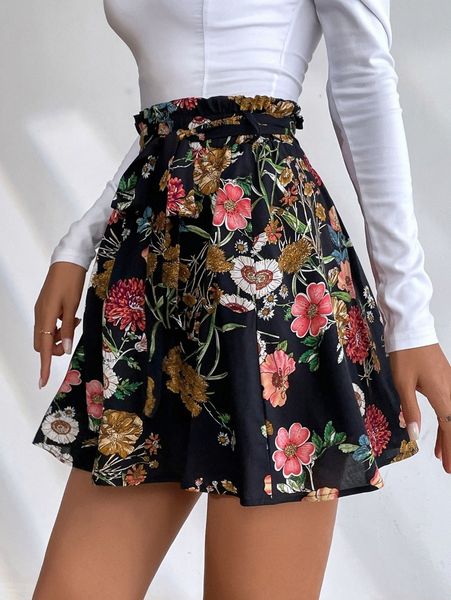 

floral print paperbag waist belted skirt i8mi#, Black
