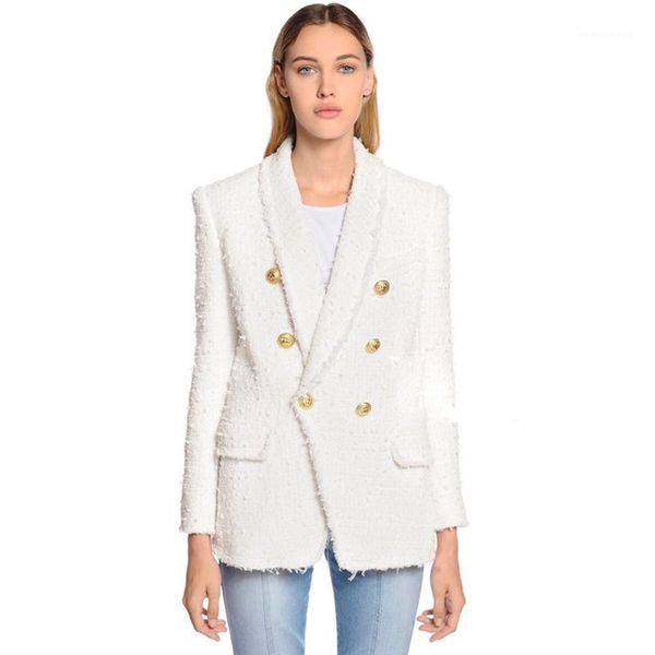 

fashion 2020 designer blazer women's shawl collar double breasted lion buttons tassel tweed jacket over coat1, White;black