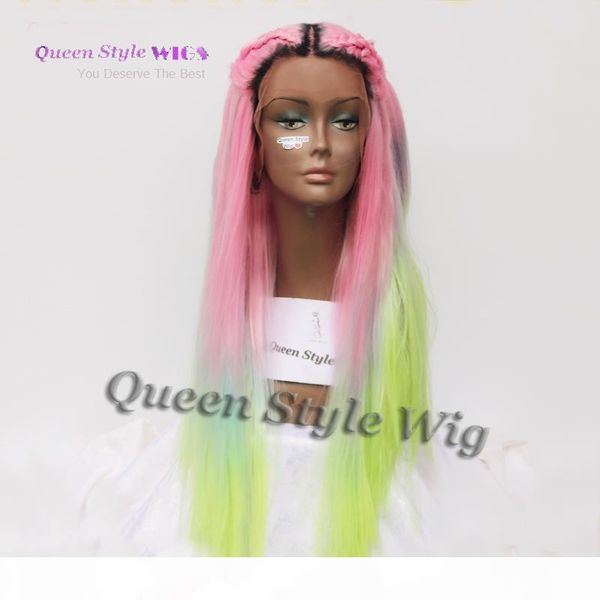 

mermaid colorful rainbow hair wig synthetic pastel rainbow color pink bright blue fluorescent green ombre hair lace front wig, Black