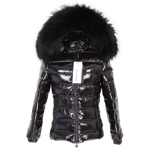 

new winter short white duck down lining down jacket real raccoon fur collar warm black shiny streetwear jacket ladies 201112, Black;brown