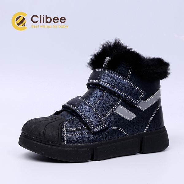 

clibee boys girls warm winter snow safe toe-cap kids flat comfort mid-calf boots with hook-loop and wool fur linning, Black;grey