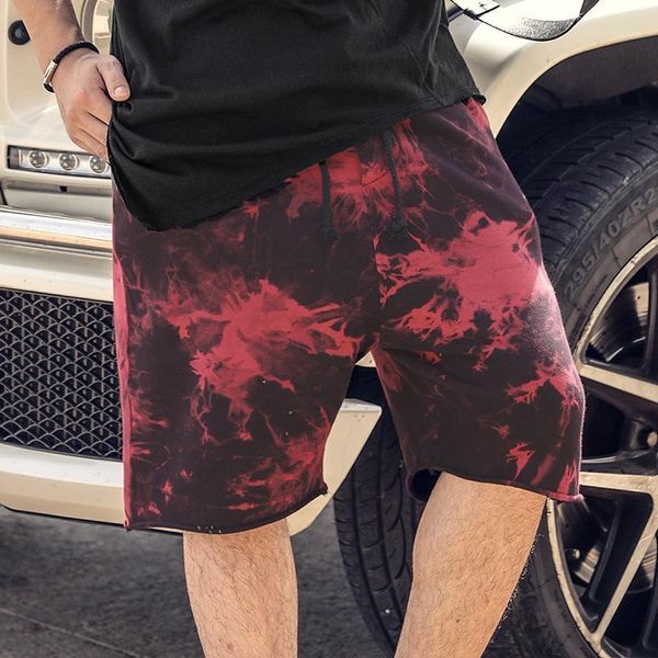 

men tie dye sports sweat shorts cotton side pocket hipster french terry elastic waist k1018-31, White;black