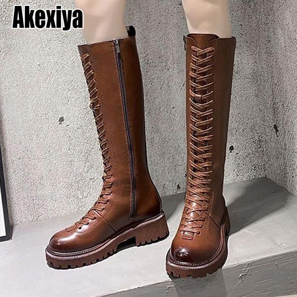 

boots chunky platform pu leather knee high women thick sole lace up winter woman punk style motorcycle female p481, Black