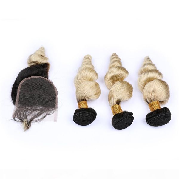 

brazilian ombre bundles with closure 4" * 4" body wave #1b #613 3 bundles ombre virgin bundles with closure, Black;brown