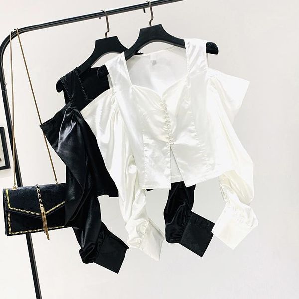 

women's shirt long sleeve chiffon white off-shoulder single-breasted short shirt1