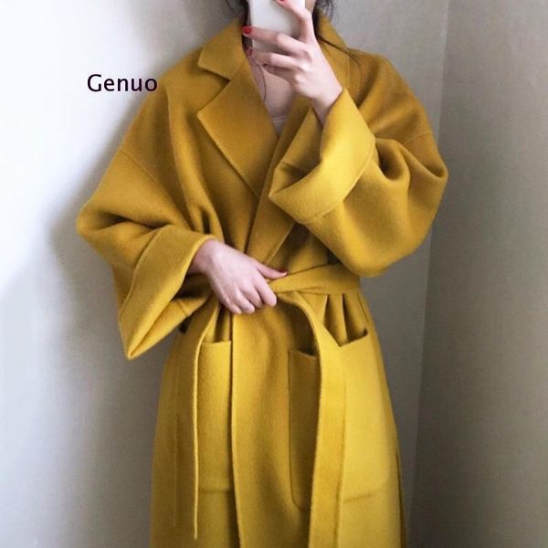 

women's wool & blends 2021 autumn w thick warm yellow winter coat women plus size long outerwear korea woolen, Black