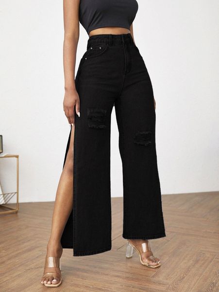 

zipper fly ripped detail split thigh wide leg jeans 09cf#, Blue