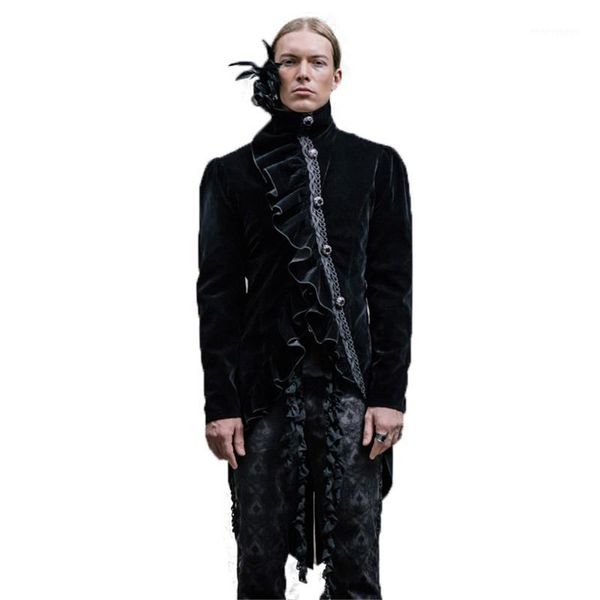 

steampunk men's asymmetric jacket gothic swallow-tailed coat with feathers polyester high collar winter men dust coat1, Black
