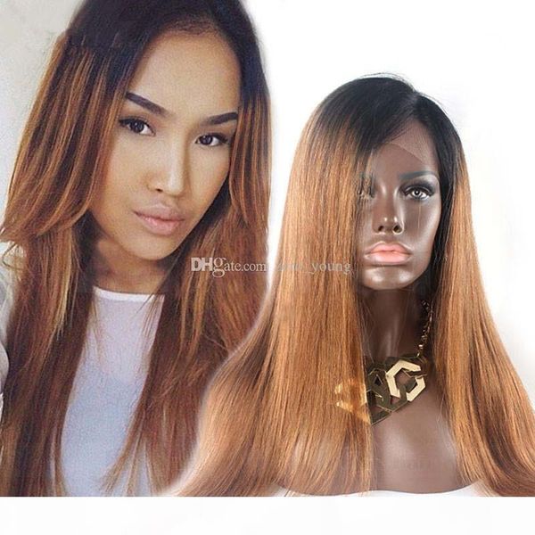 

ombre 1b #30 straight full lace wig pre plucked 130% density lace front wig brazilian virgin human hair wig with dark black roots, Black;brown