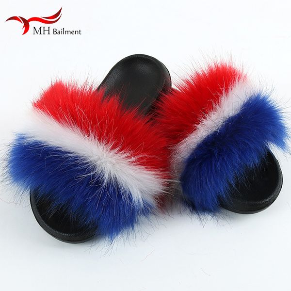 

faux fox raccoon fur slippers slides fashion women furry indoor floor home color slippers house flat flip flops size 36-45 x1020, Black