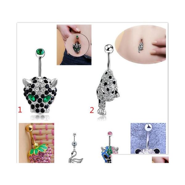 

panda leopards swan strawberries navel ring surgical steel piercing crystal belly button rings crystal neck body accessories rloqo, Silver