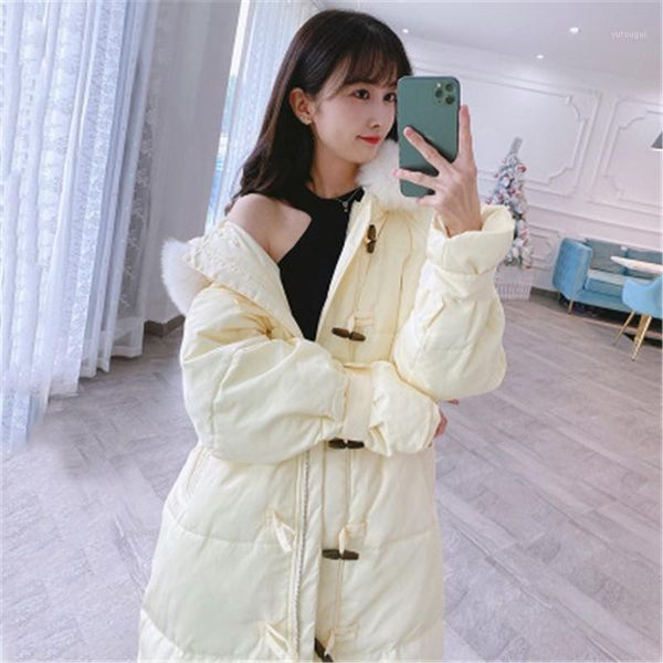 

down jacket women long loose outerwera 2020 winter new white duck down coat horn buckle retro winter parka m1351, Black