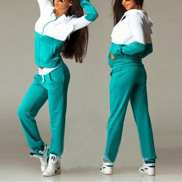 

2021 autumn female 2pcs set sweatshirt patchwork womens sporting suit hooded zip up hoody and long pants tracksuits hoodies, White