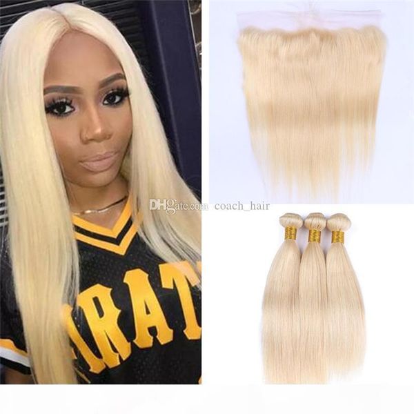 

brazilian blonde straight hair bundles with lace frontal closure colored 613 platinum blonde human hair weaves with 13x4 full lace frontal, Black;brown