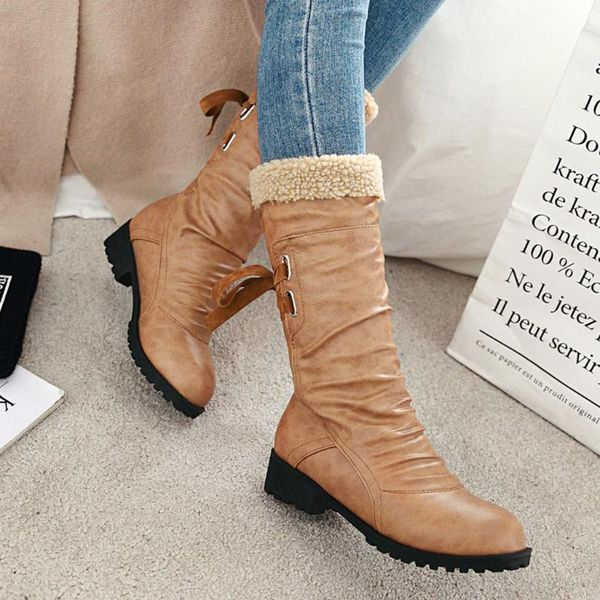 

2020 women snow boots vintage fashion pure color round toe lace-up boots chunky heels vintage women shoes with plush inside, Black