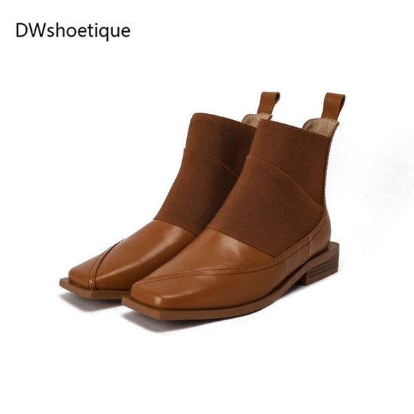 

elastic genuine leather women ankle boots square toe chunky heel women booties, Black