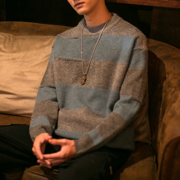 

2021 new fashion o-neck christmas black white blue striped sweater men's oversize pull long sleeves pullover autumn spring winter 21vl, White;black